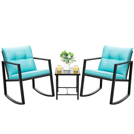 Devoko 3 Piece Rocking Bistro Set Wicker Patio Outdoor Furniture Porch Chairs Conversation Sets with Glass Coffee Table (Blue) Devoko