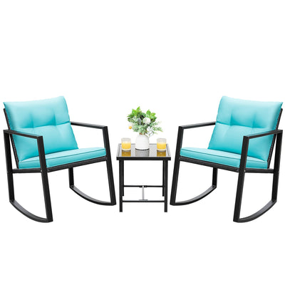 Devoko 3 Piece Rocking Bistro Set Wicker Patio Outdoor Furniture Porch Chairs Conversation Sets with Glass Coffee Table (Blue)
