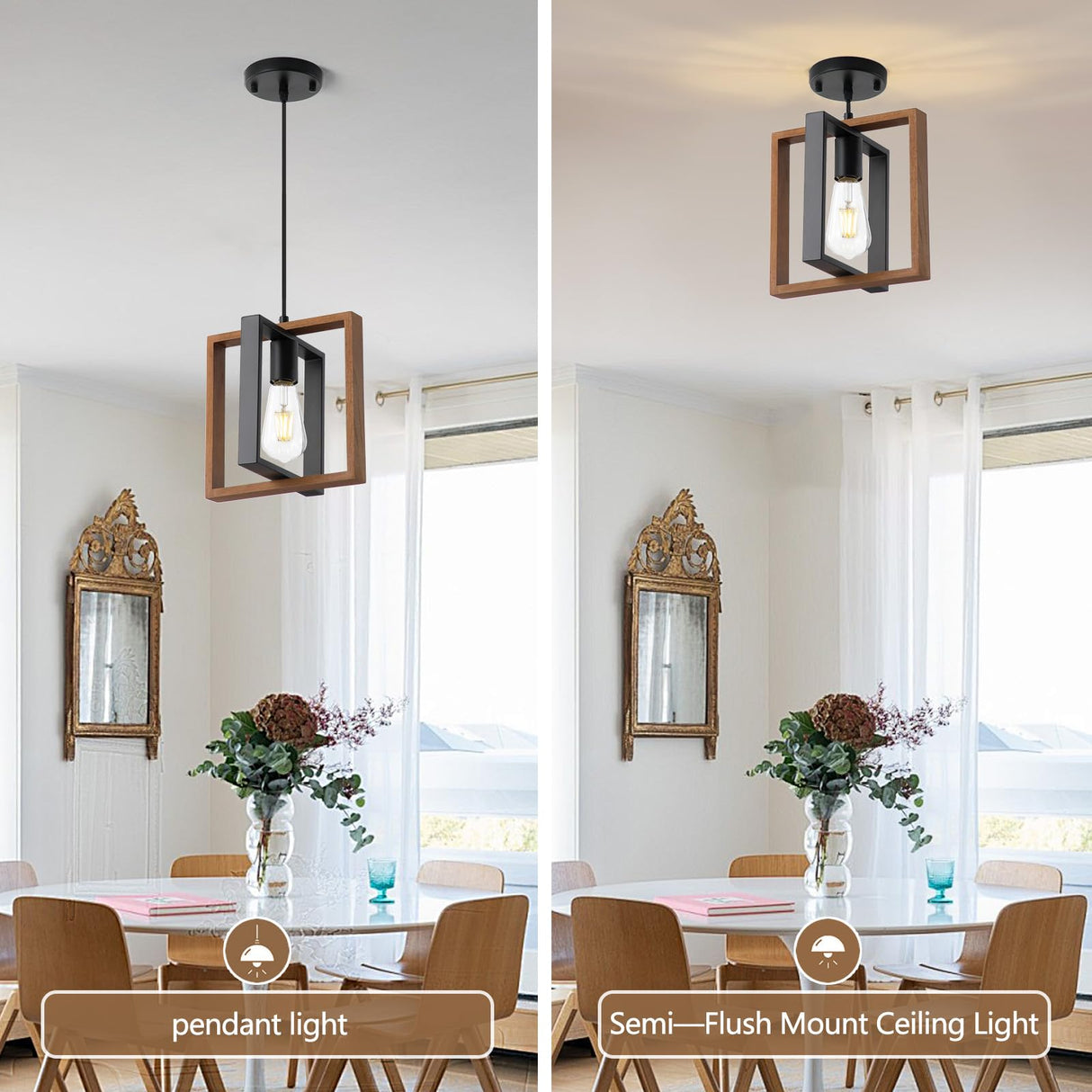 9MMML Wood Pendant Light Kitchen Island Set of 2, Farmhouse Hanging Lamp with 62'' Height Adjustable Cord, Small Ceiling Pendant Light Fixture for Dining Room, Entryway, Foyer(E26 Bulb Base) 9MMML
