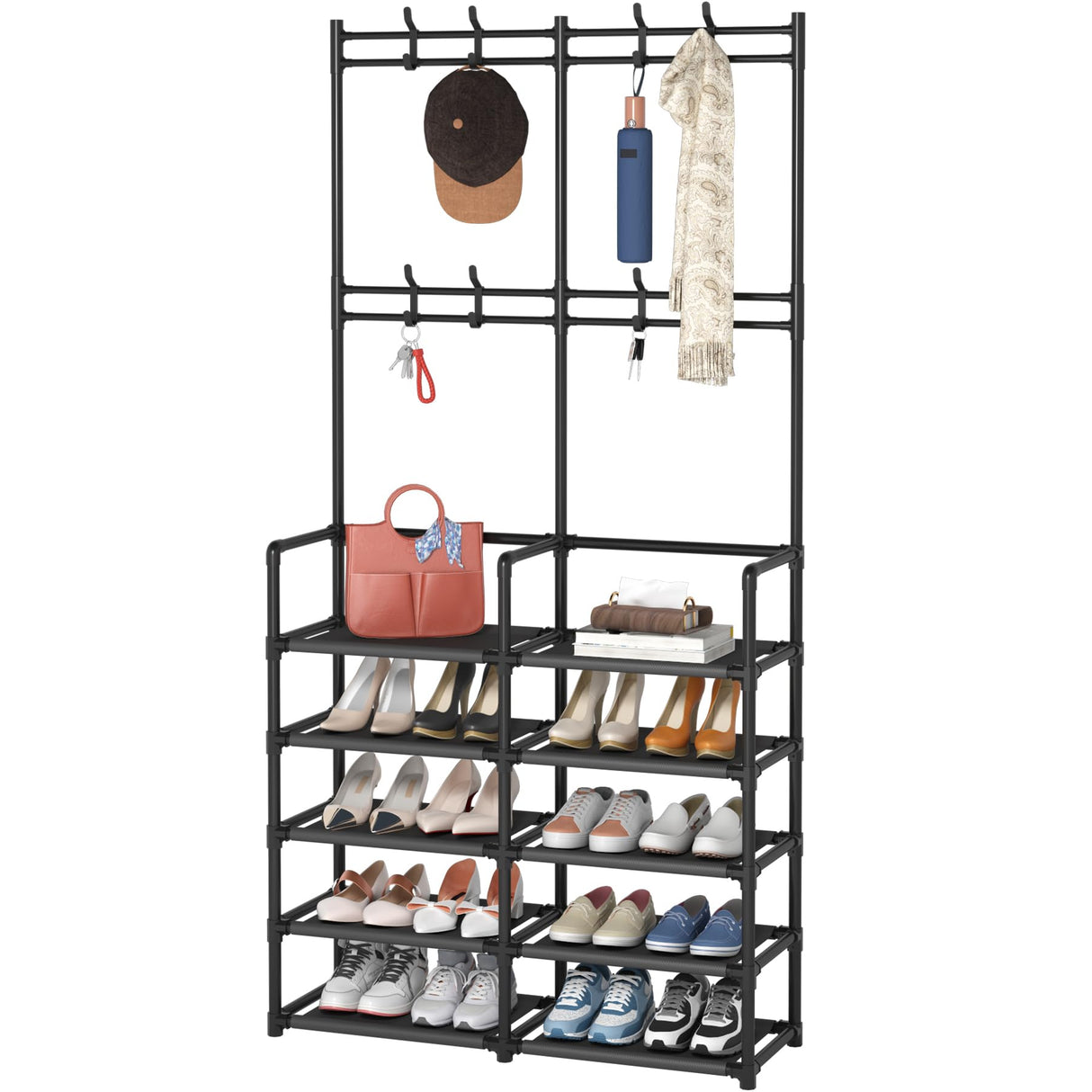 Laiensia 5-Tier Entryway Coat Rack, Coat and Shoe Rack, Entryway Bench Storage Organizer with 8 Hooks for Bedroom, Hallway, Office, Black Laiensia