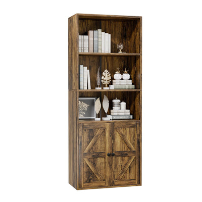 GRUSIGN 60 Inches Book Shelf Bookcase with Doors 5-Tier Floor Standing Wooden Tall Bookshelf with 2 Storage Cabinet and Adjustable Shelf for Home Office Living Room Brown