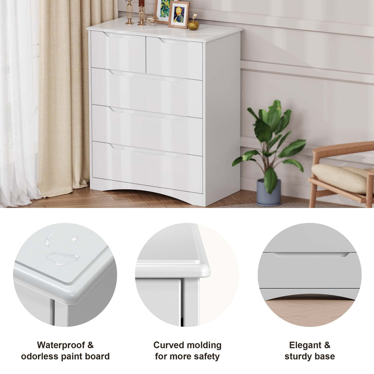 Gizoon 5 Drawers Chest, White Dresser for Dedroom with Embedded Handle, Sturdy Anti-Tripping Device, Chest of Drawers with Large Storage Capacity for Hallway, Office, Living Room Gizoon
