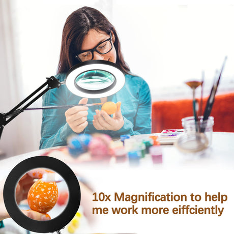 VUEJIC 10X Magnifying Glass with Light and Clamp, Magnifier with Light Hands Free3 Color Modes Stepless Dimmable, 72 LEDs Real Glass Lens Magnifying Lamp for Close Work, Repair, Reading, Craft VUEJIC