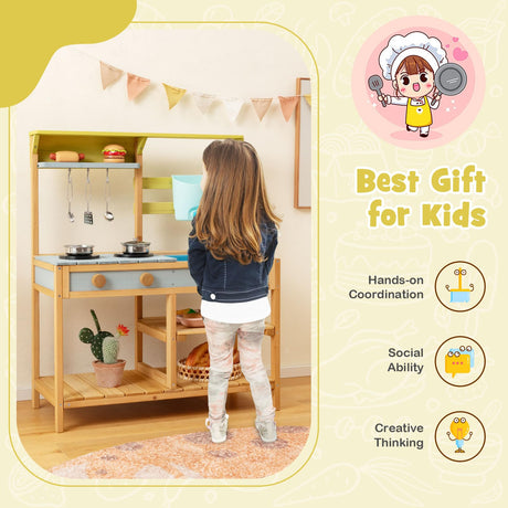 HONEY JOY Mud Kitchen for Kids Outdoor, Fir Wood Pretend Play Toy Kitchen with Removable Sink, Real Water Tank & Faucet, Stove, Toddler Kitchen Playset, Gift for Boys Girls, Natural HONEY JOY