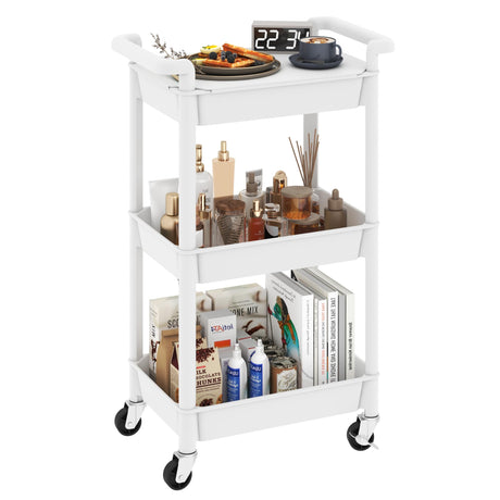 Steehoom 3-Tier Utility Rolling Cart with Cover Top Board, Mobile Utility Cart with Lockable Casters Multi-Functional Storage Trolley for Office, Bathroom, Kitchen, Garden, Laundry Room (White) Steehoom