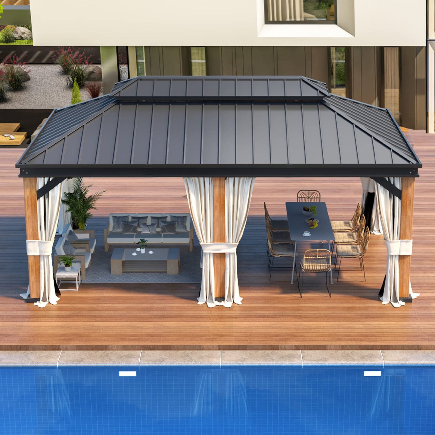 YOLENY 12' x 20' Ultra-Thick Faux Wood Grain Aluminum Frame Hardtop Gazebo, Vertical Stripe Galvanized Steel Double Roof, Outdoor Patio Gazebo