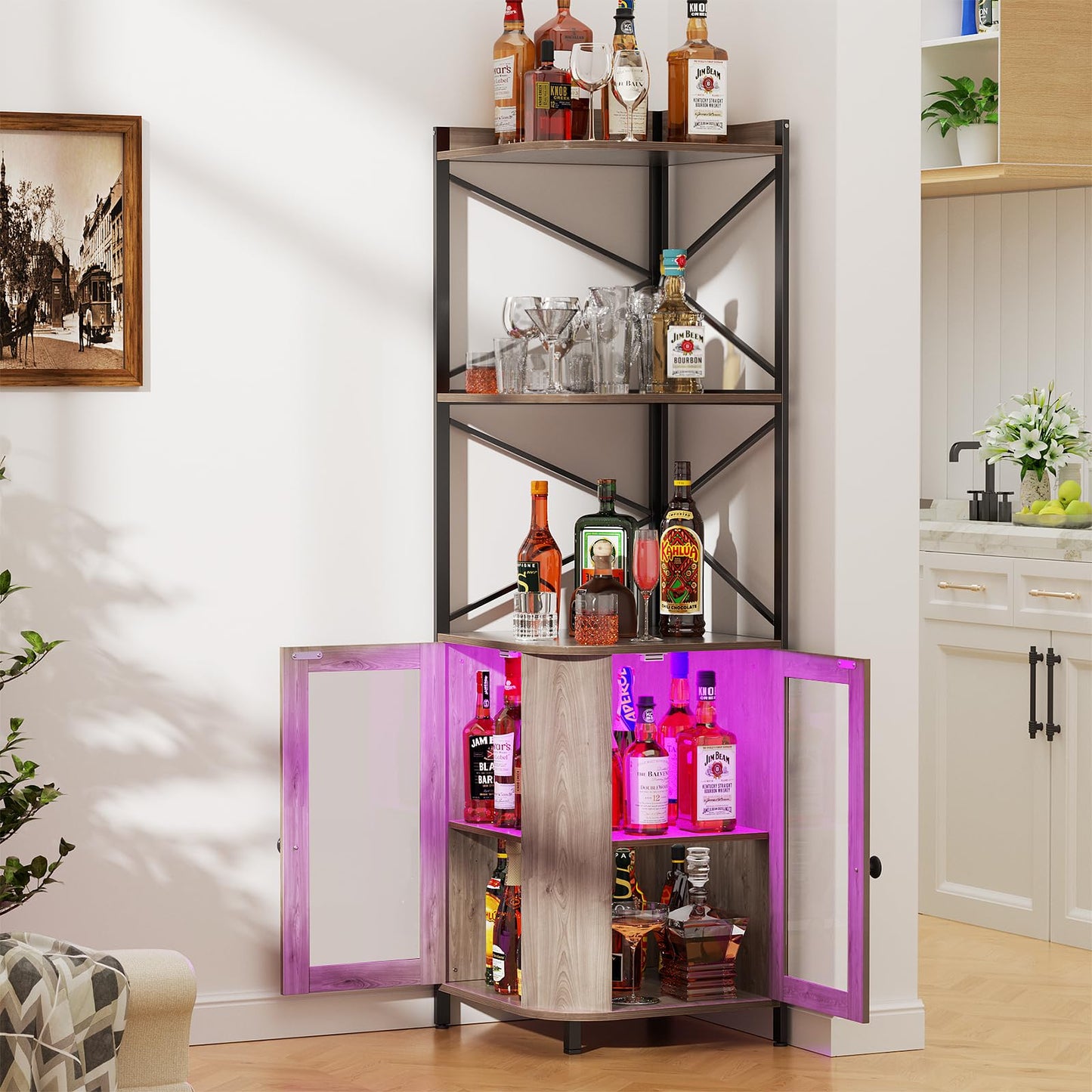 SEPTBOT Corner Bar Cabinet, Liquor Cabinet with RGB LED Light, 5 Tier Corner Cabinet with Adjustable Shelf for Mini Bar, Living Room, Home, Small Space