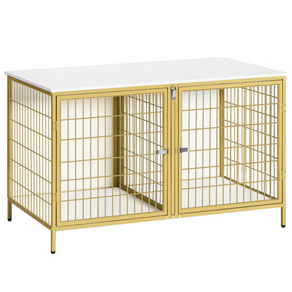 MAHANCRIS Dog Crate Furniture for 2 Dogs, 43.3" Dog Kennel with Removable Divider, Heavy Duty Wooden Dog Kennel for Small Medium Dog, Indoor Dog Cage End Table with Double Doors, White DCJW12 - WoodArtSupply