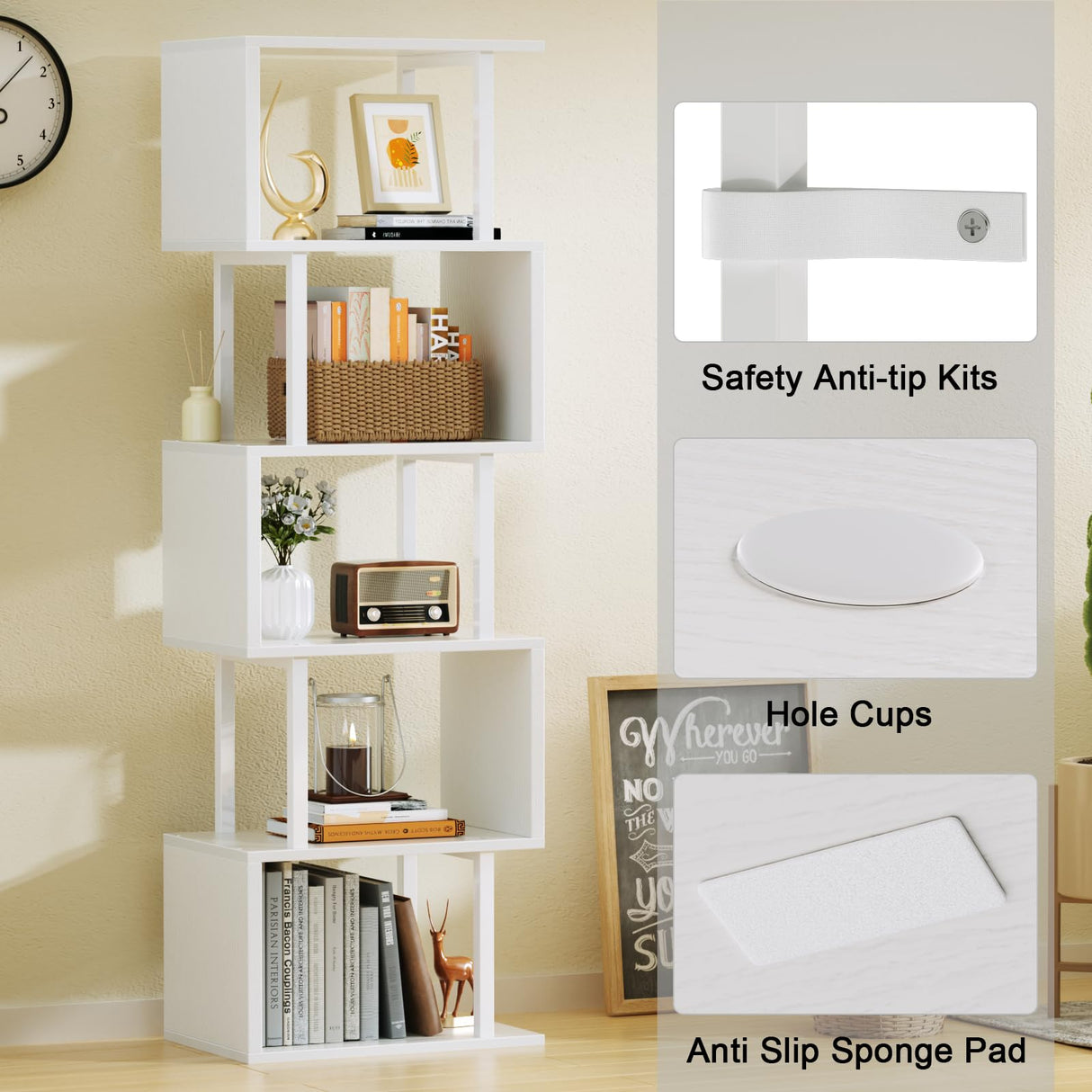 Furologee White Geometric Bookshelf 6 Tier S-Shaped Bookcase, Tall Modern Display Storage Shelf, Metal and Wood Decorative Freestanding Room Divider Shelves for Bedroom, Living Room, Office Furologee