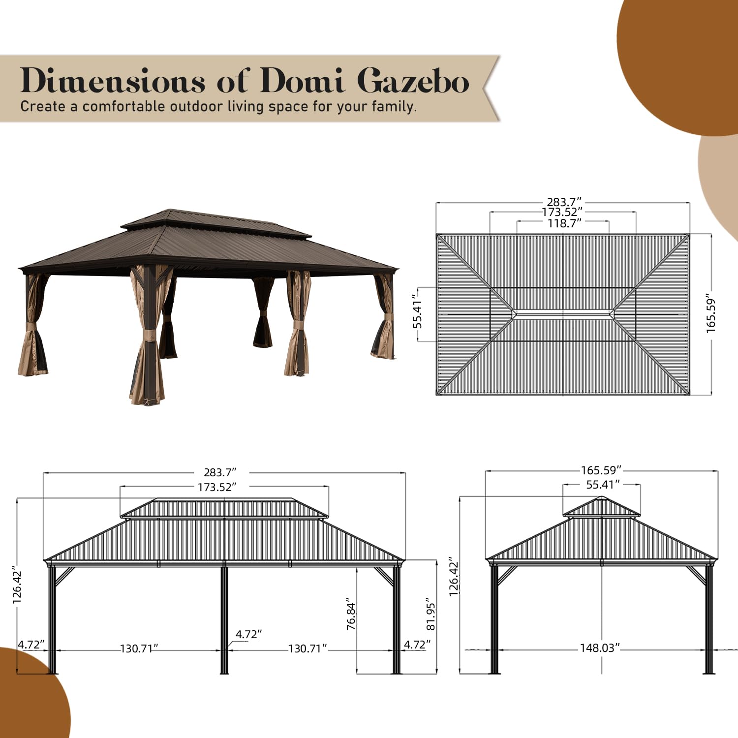 Domi Hardtop Gazebo 14x24FT, Outdoor Gazebo with Galvanized Steel Double Roof, Aluminum Frame, Built-in Gutter System, Curtain and Netting, Metal Gazebo Pavilion for Patio Deck Garden, Brown - WoodArtSupply