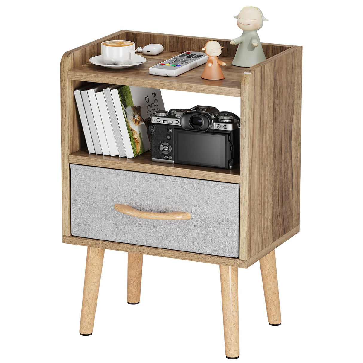 LUCKNOCK Night Stand with Drawer, Modern Nightstand, Bedside Tables, Mid Century Nightstands with Open Storage Shelf, Wood Bedside Table, Small Night Stands for Bedroom, 2-Tier Night Table, Walnut. LUCKNOCK