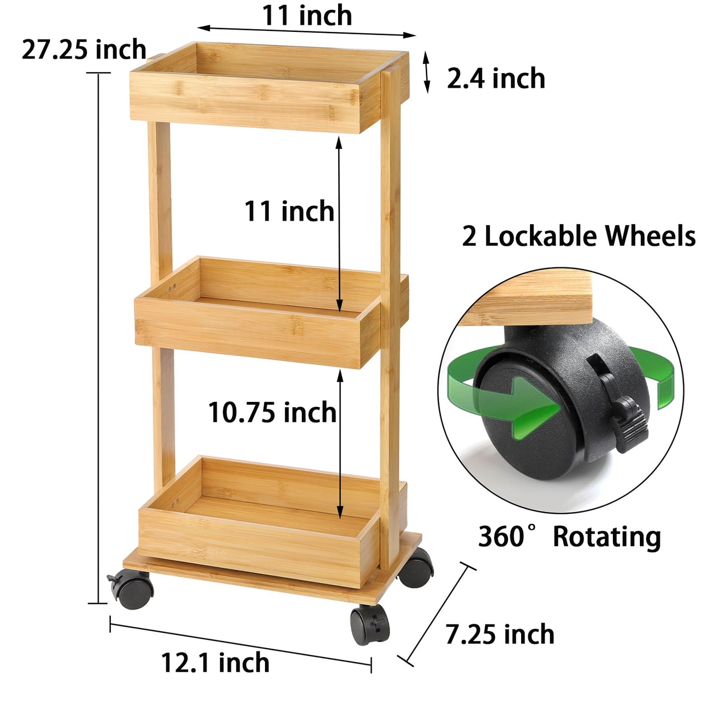 TOPZEA Slim Storage Cart, 3-Tier Bamboo Rolling Utility Cart Standing Rack on Wheel, Mobile Shelving Unit Organizer Serving Trolley Slide Out Cart for Office Bathroom Kitchen Laundry Room(Upg - WoodArtSupply