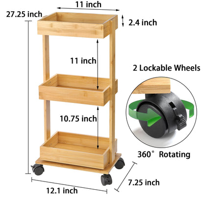 TOPZEA Slim Storage Cart, 3-Tier Bamboo Rolling Utility Cart Standing Rack on Wheel, Mobile Shelving Unit Organizer Serving Trolley Slide Out Cart for Office Bathroom Kitchen Laundry Room(Upg - WoodArtSupply