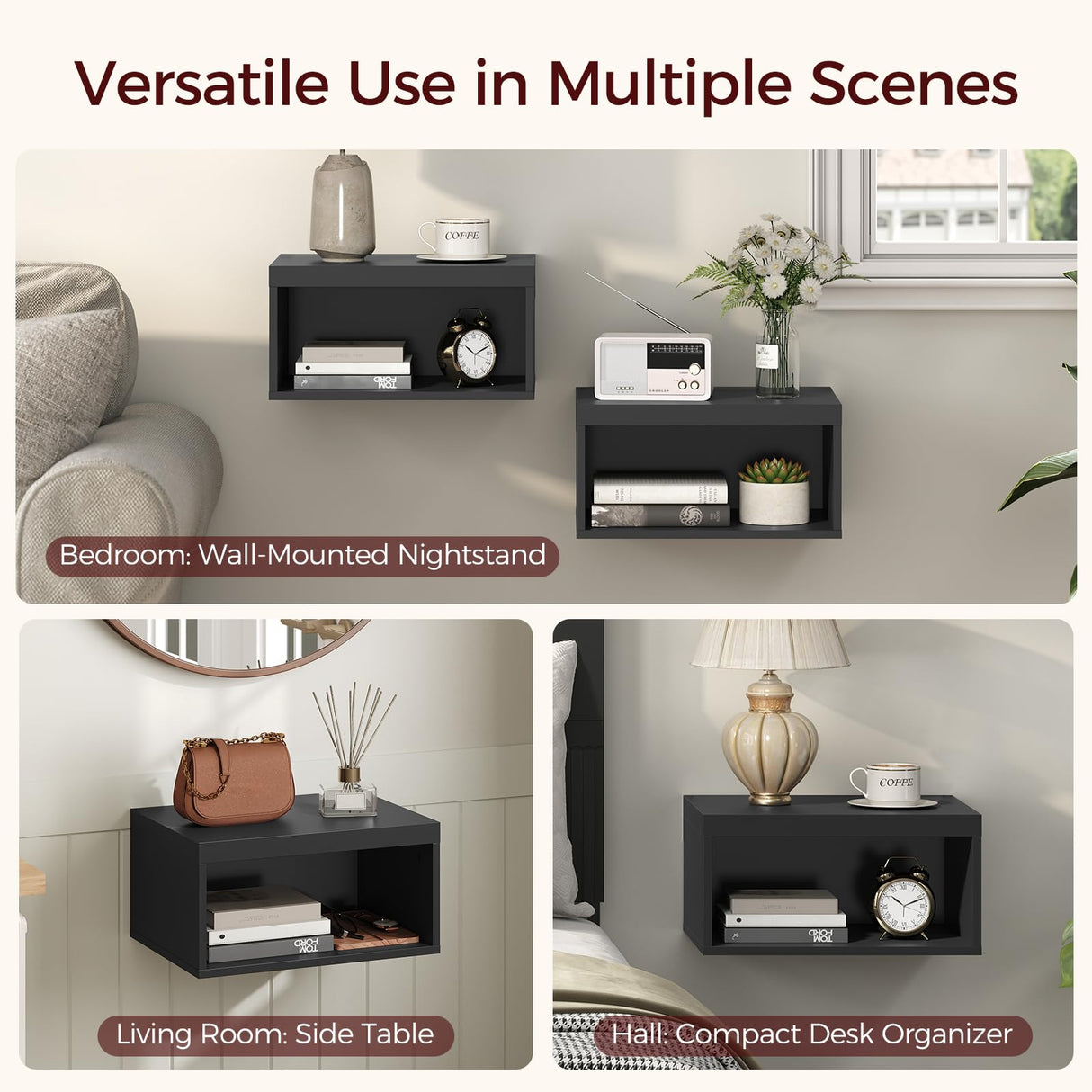 MAHANCRIS Floating Nightstand Set of 2, Wall Mounted Nightstand, Modern Floating Bedside Shelf with Open Shelf Cubby, Floating Side Tables Bedroom, Living Room, Black ETBK4901S2 MAHANCRIS