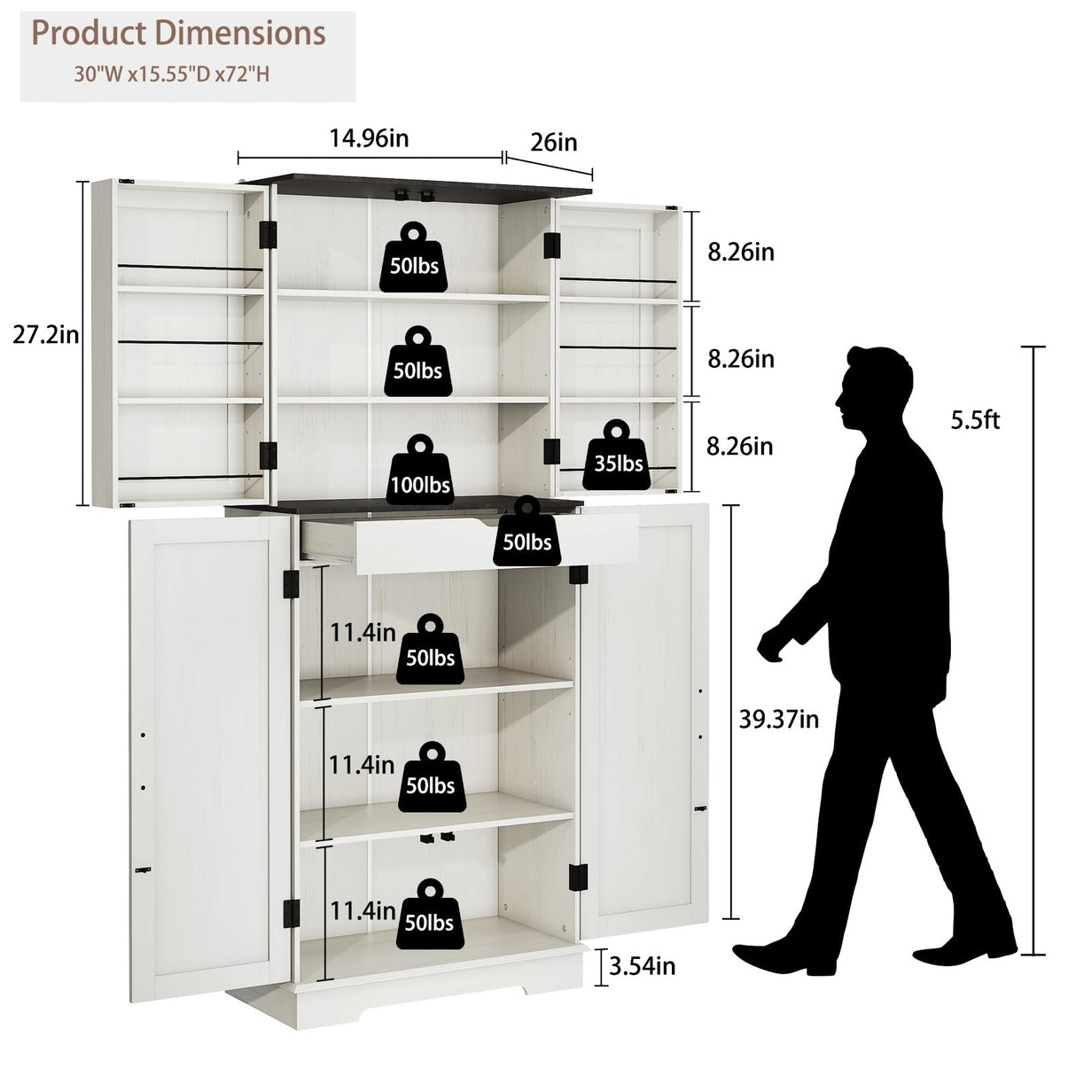 Kitchen Pantry Storage Cabinet,72" Freestanding Cupboard with 4 Barn Doors,Drawer and Adjustable Shelves,Wood Food Pantry for Kitchen, Dining Room, Bathroom,White Vipbear