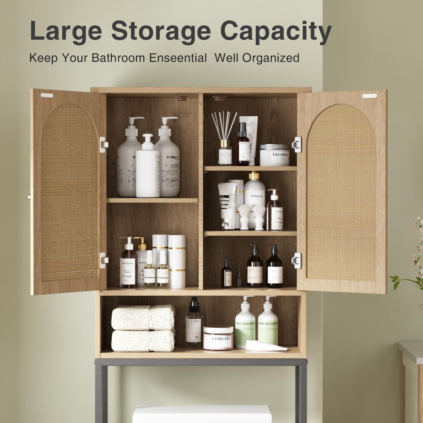 Vabches Over The Toilet Storage Cabinet with Metal Frame & Rattan Doors, Bathroom Organizer Over Toilet, Space-Saving Tall Toilet Rack/Shelf, Rattan Toilet Cabinet for Restroom, Laundry, Natural