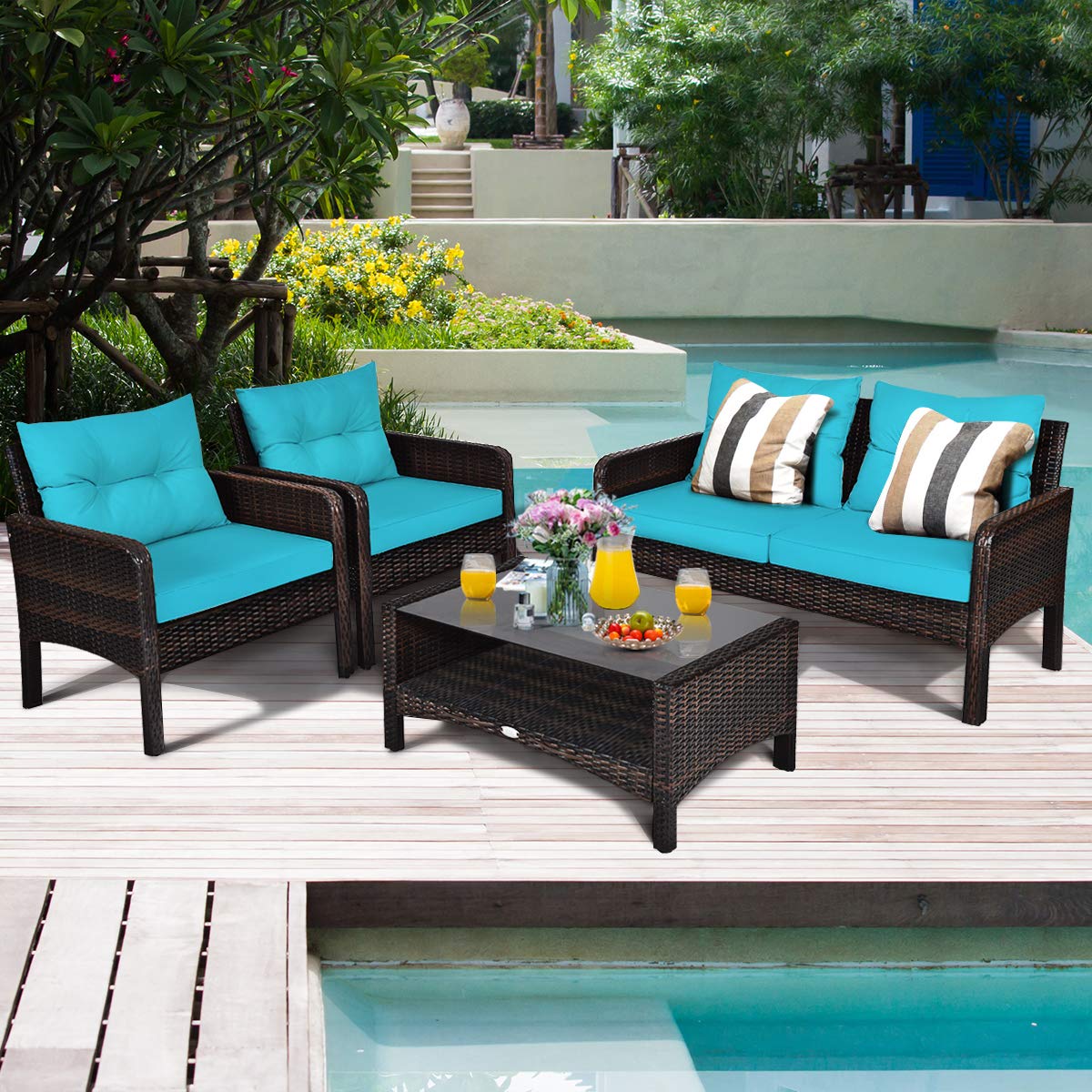 Tangkula 4 Piece Patio Furniture Set, Outdoor Wicker Conversation Set with Glass Top Coffee Table, All Weather Proof and Thick Cushions, Suitable for Porch, Garden, Poolside and Lawn (Turquoise) Tangkula