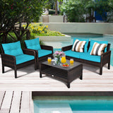 Tangkula 4 Piece Patio Furniture Set, Outdoor Wicker Conversation Set with Glass Top Coffee Table, All Weather Proof and Thick Cushions, Suitable for Porch, Garden, Poolside and Lawn (Turquoise) Tangkula
