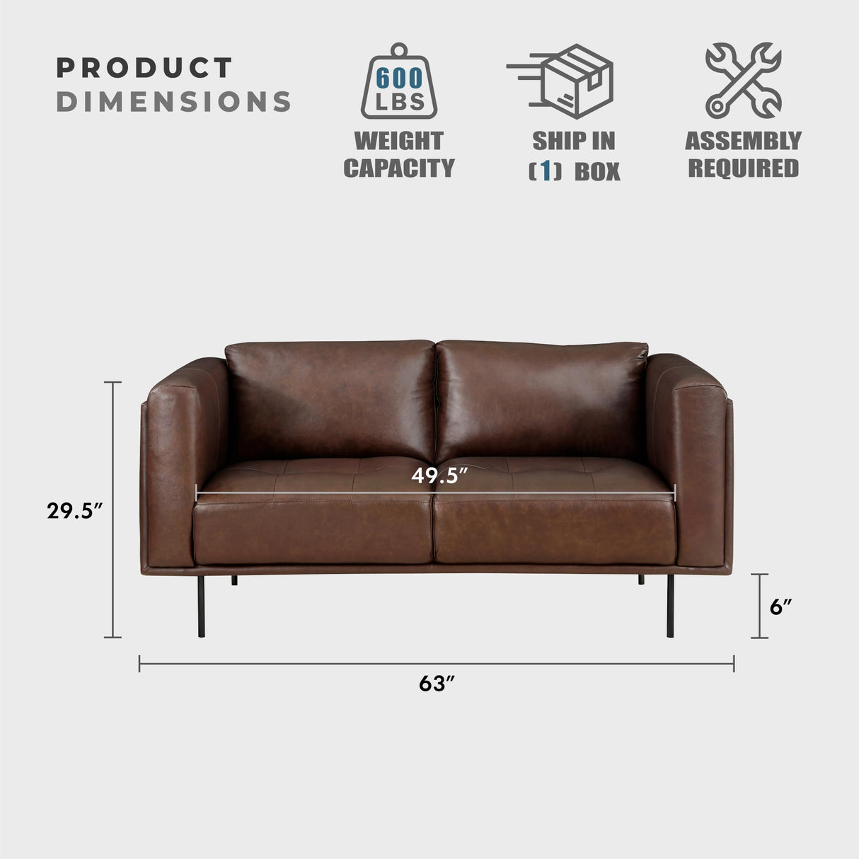 Lexicon Leather Loveseat Sofa, Top Grain Leather Sofa, Modern Couch, Oversized Sofa with Solid Wood Frame and Metal Legs, Couch Leather Sofas for Living Room, Bedroom, Office, 2-Seater Loveseat, Brown Lexicon
