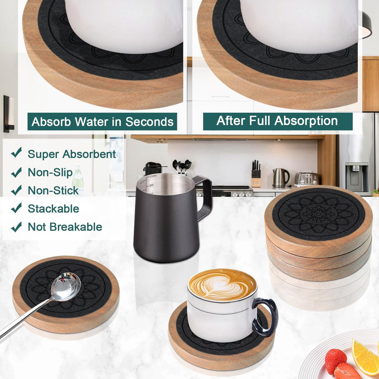 Wood Coasters for Drinks, Minacun Absorbent Coaster Sets of 5, Drinks Coasters for Coffee Tabletop Protection, Non-Slip, Non-Stick, Suitable for Kinds of Cups Wooden Table Drink, 4.3 Inches Black Minacun