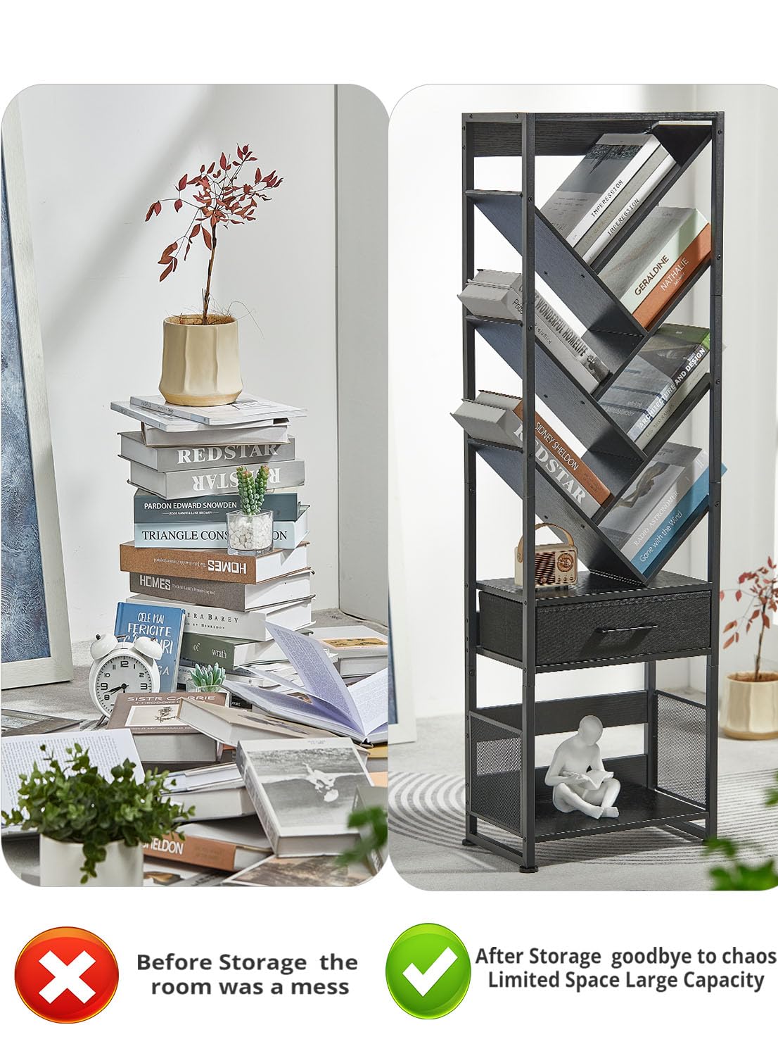 ZEXVIDA Bookshelf with Drawer,10 Tier Tree Bookcase Retro Floor Standing Bookshelves,Tall Wood Bookcases with Cabinet Storage Organizer for Living Room, Bedroom & Home Office, Black ZEXVIDA