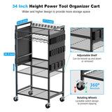 JUNNUJ Large Power Tool Organizer Cart with Charging Station, Garage Floor Standing Rolling Drill and Tools Battery Storage Cart on Wheels, Heavy Duty Rack Shelf with 8 Outlet Power Strip, Black JUNNUJ