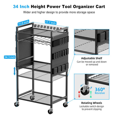 JUNNUJ Large Power Tool Organizer Cart with Charging Station, Garage Floor Standing Rolling Drill and Tools Battery Storage Cart on Wheels, Heavy Duty Rack Shelf with 8 Outlet Power Strip, Black