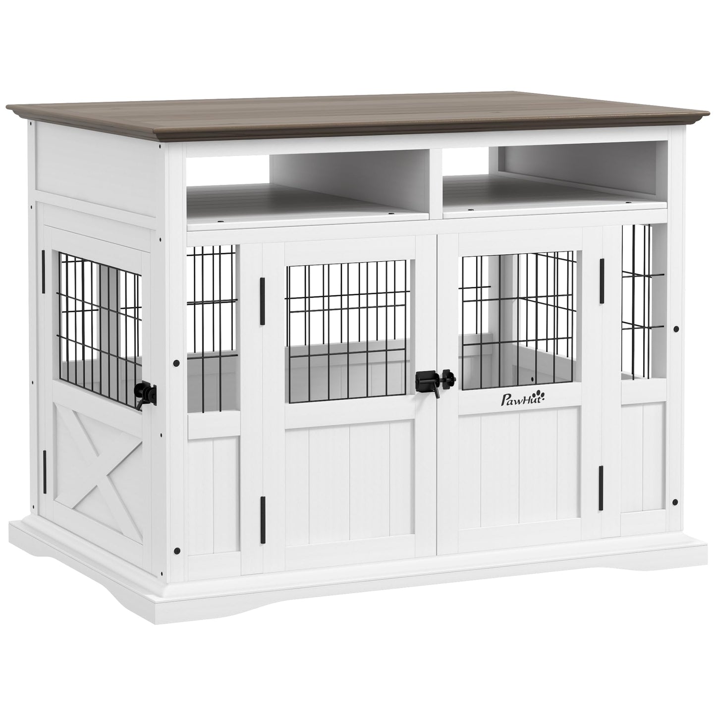 PawHut Dog Crate Furniture Side End Table with Storage, 41" Modern Wooden Dog Kennel Furniture with Double Doors for Small and Medium Dogs, White - WoodArtSupply