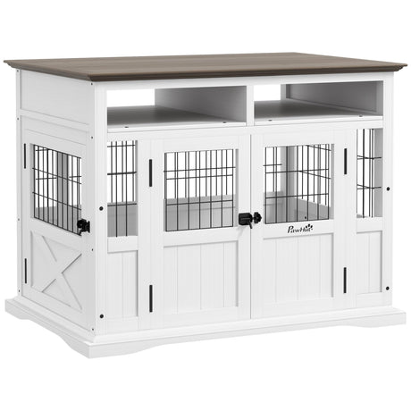 PawHut Dog Crate Furniture Side End Table with Storage, 41" Modern Wooden Dog Kennel Furniture with Double Doors for Small and Medium Dogs, White PawHut