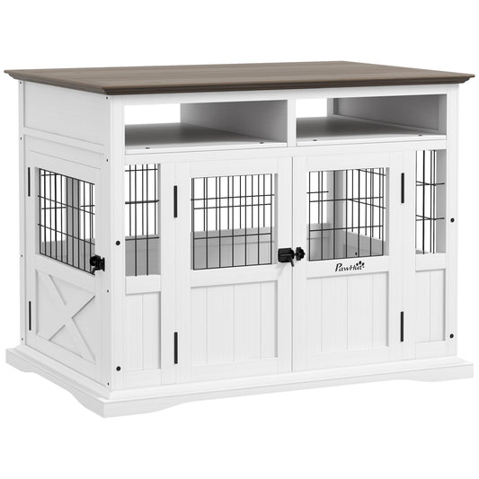 PawHut Dog Crate Furniture Side End Table with Storage, 41" Modern Wooden Dog Kennel Furniture with Double Doors for Small and Medium Dogs, White - WoodArtSupply