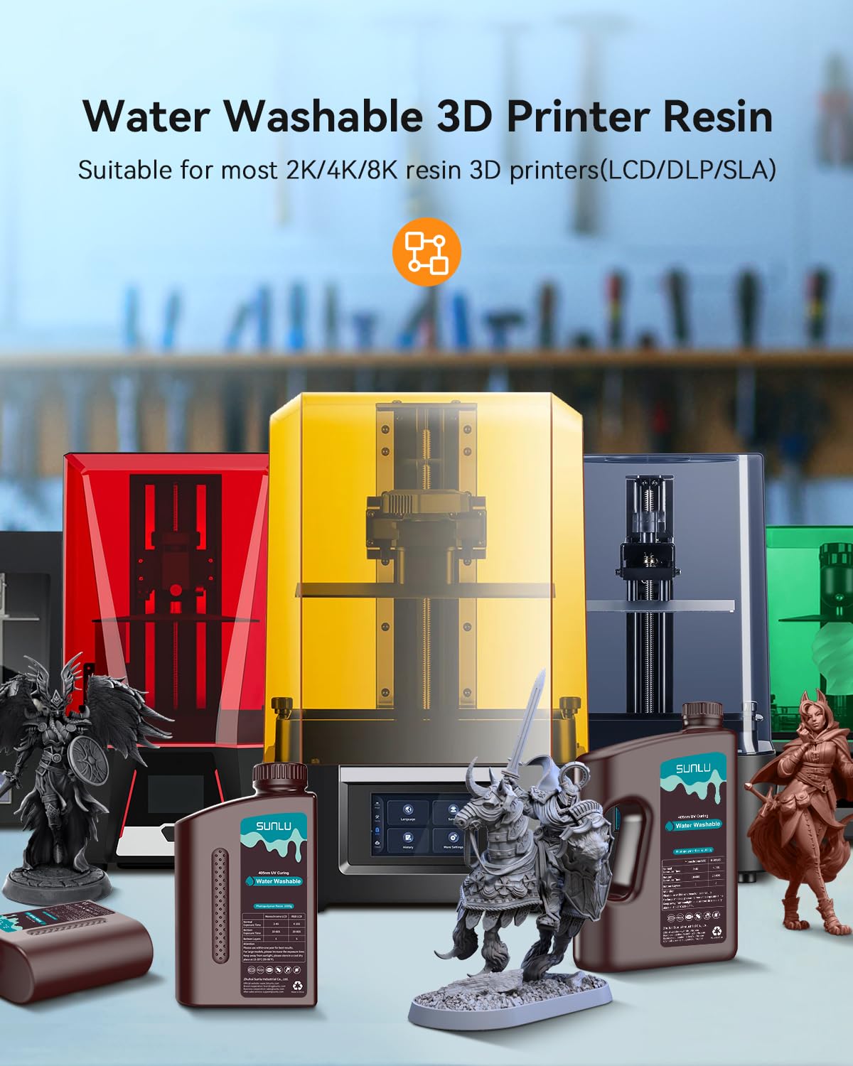 SUNLU Water Washable 3D Printer Resin 3kg, Large Bottle Water Washable Resin for Most Resin 3D Printers, 395 to 405nm UV Curing 3D Printing Liquid Photopolymer Resin, 3000g, Grey