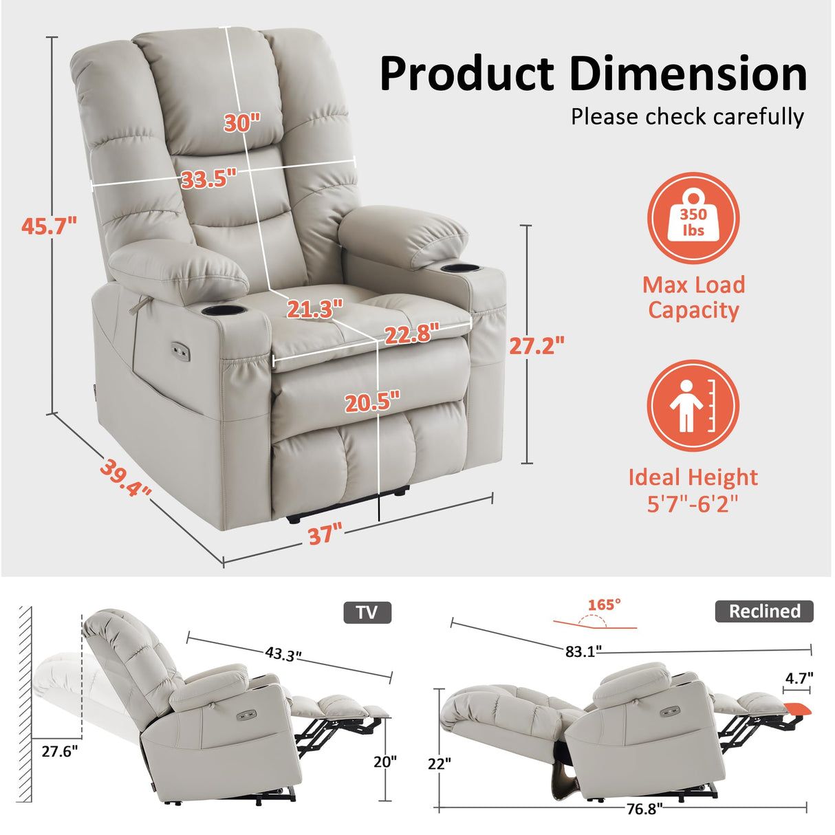 MCombo Large Triple Motor Power Lift Recliner Chair with Massage and Dual Heating, Adjustable Headrest for Tall Elderly People, Faux Leather 7634 (Light Grey, Large) MCombo