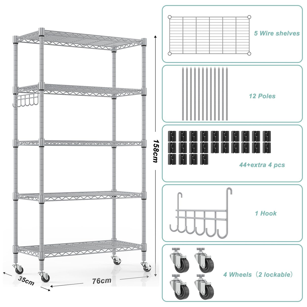 Himimi 5-Tier Storage Shelf Wire Shelving Unit on Wheels, Adjustable Heavy Duty Metal Shelves with Side Hooks, Steel Rack Organization for Kitchen Garage Basement, Silver Himimi