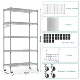 Himimi 5-Tier Storage Shelf Wire Shelving Unit on Wheels, Adjustable Heavy Duty Metal Shelves with Side Hooks, Steel Rack Organization for Kitchen Garage Basement, Silver Himimi