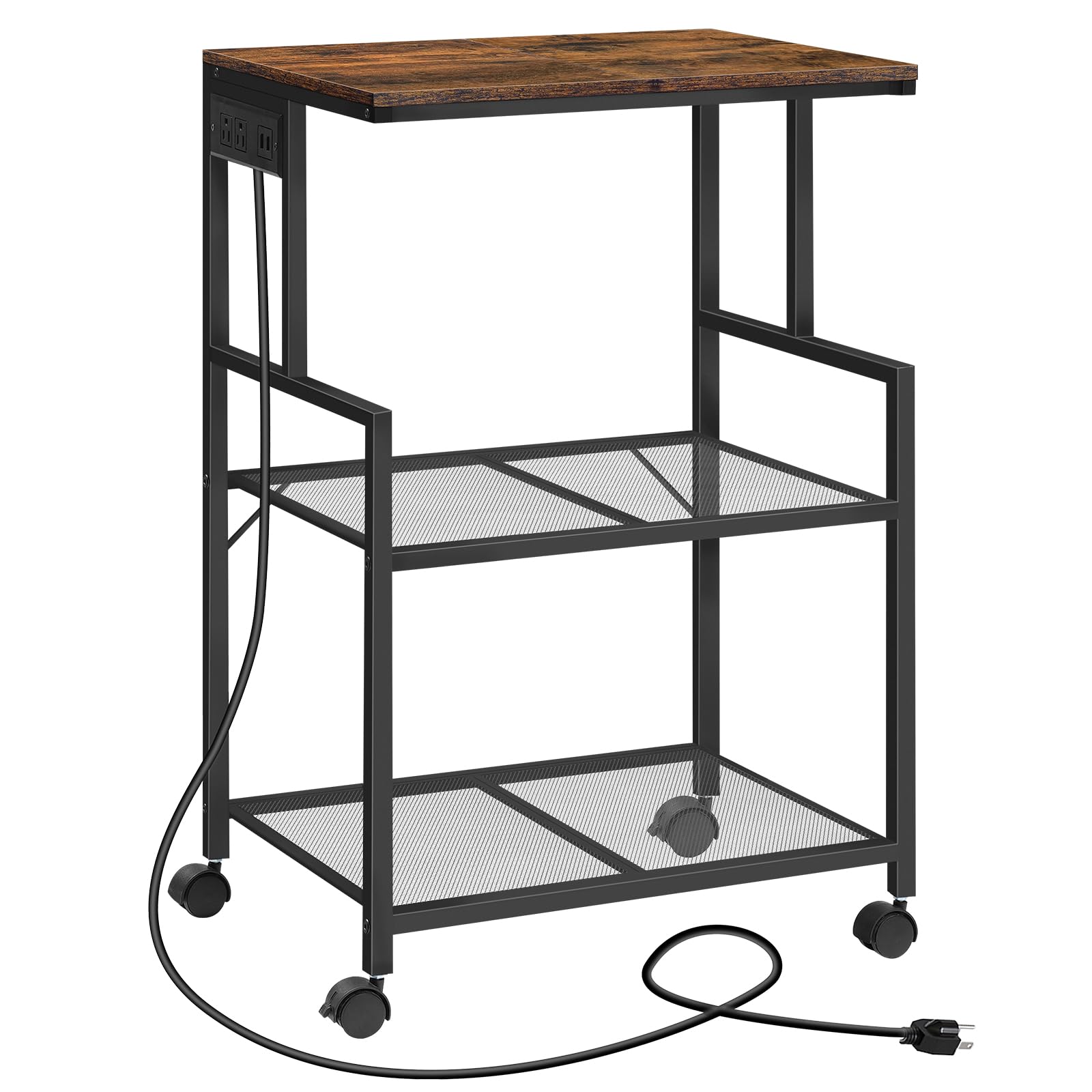 MAHANCRIS Mobile Printer Stand, 3-Tier Industrial Printer Cart with Power Outlets and 2 USB Ports, Rolling Printer Table on Wheels for Home Offices Kitchen Organization Rack, Rustic Brown PTH - WoodArtSupply