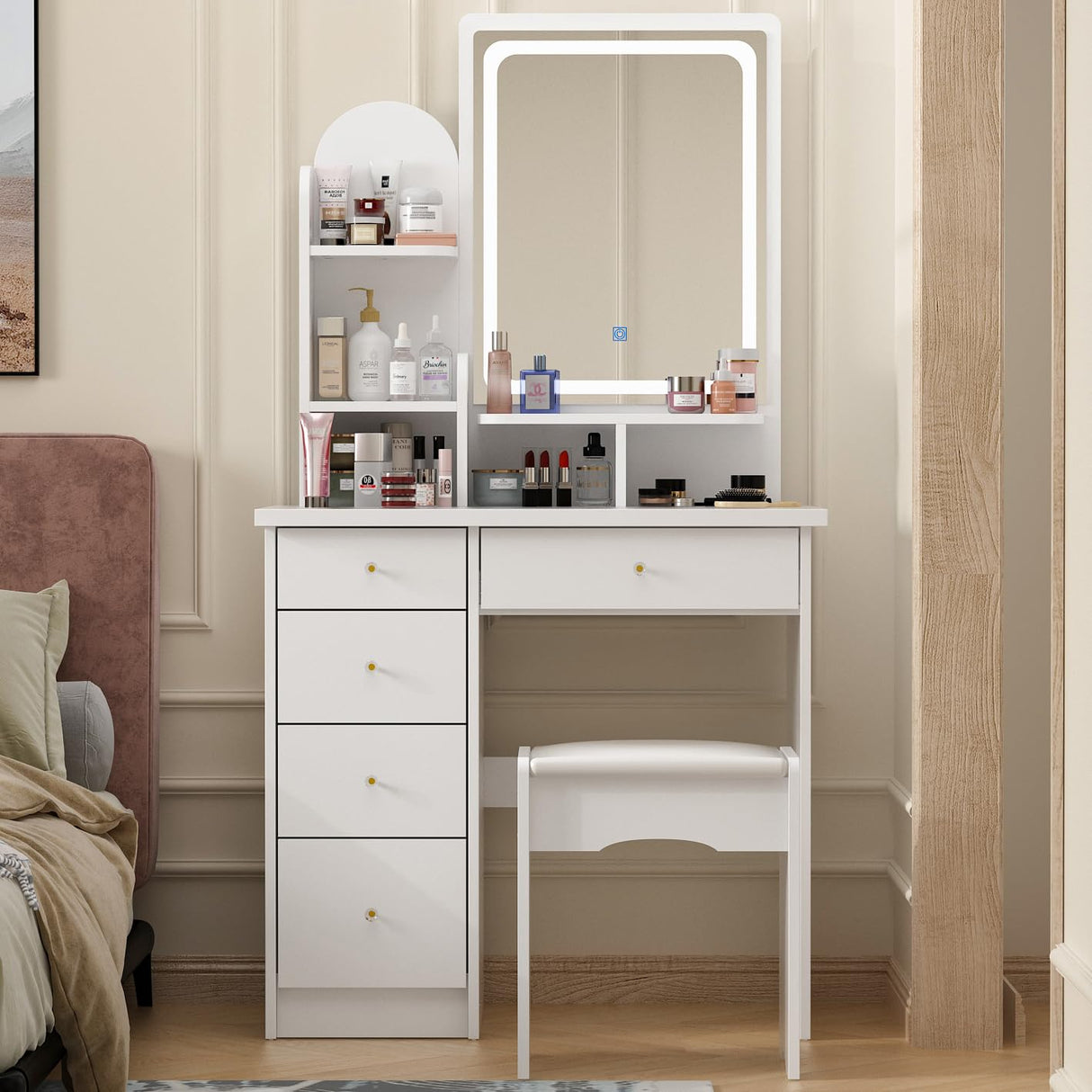 FUFU&GAGA Vanity Set with Rectangular Mirror, Makeup Vanity Dressing Table with 5 Drawers, Shelves, Dresser Desk and Cushioned Stool Set (B White/Lighted Mirror) FUFU&GAGA
