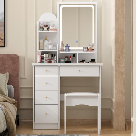 FUFU&GAGA Vanity Set with Rectangular Mirror, Makeup Vanity Dressing Table with 5 Drawers, Shelves, Dresser Desk and Cushioned Stool Set (B White/Lighted Mirror) FUFU&GAGA
