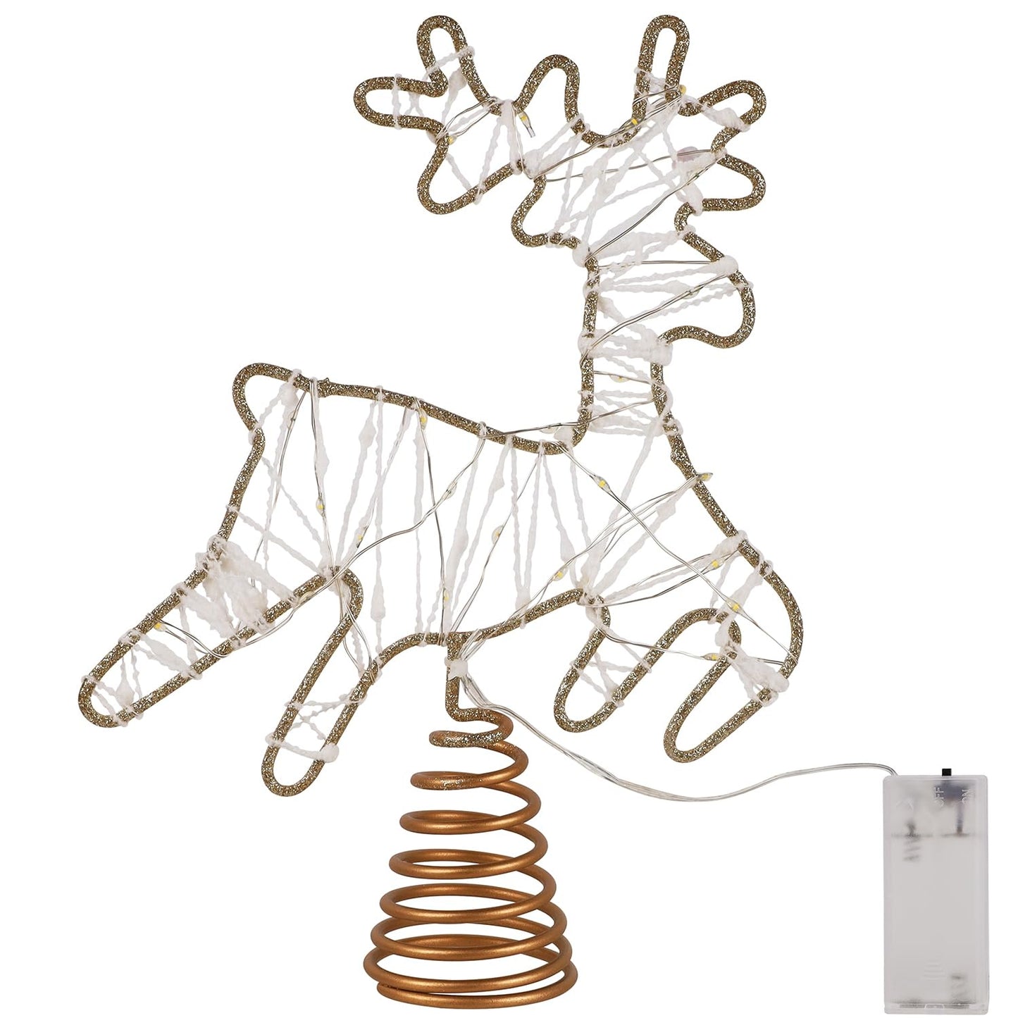 Juegoal Lighted Reindeer Christmas Tree Topper, Metal Xmas Glitter Elk Treetop Ornaments with 30 LED Warm White Lights, Battery Powered Light up 2D Deer Christmas Tree Decorations, Golden