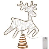 Juegoal Lighted Reindeer Christmas Tree Topper, Metal Xmas Glitter Elk Treetop Ornaments with 30 LED Warm White Lights, Battery Powered Light up 2D Deer Christmas Tree Decorations, Golden Juegoal