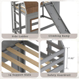 DGSPVCT Twin Over Twin House Bunk Bed for Kids, Wood Bunk Bed Frame with Window Roof Design and Guardrail, Montessori Floor Bunk Bed Frame with Climbing Ramp & Ladder, for Boys Girls, Gray DGSPVCT