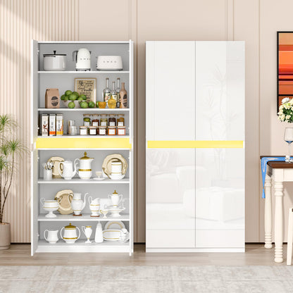 67'' H Kitchen Storage Cabinet, Modern Buffet Cabinet with Light Strip, Large Storage Cabinet with 4 Movable Shelves, Storage Cabinet with 4 High Gloss Cabinet Doors，Kitchen,Hallway(White)