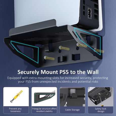NexiGo PS5 (All Versions) Wall Mount Kit with Charging Station for PS5/PS5 Slim/PS5 Pro Consoles, Regular and DualSense_Edge Controllers, Stable Metal Wall Hanging Stand with LED Indicator NexiGo