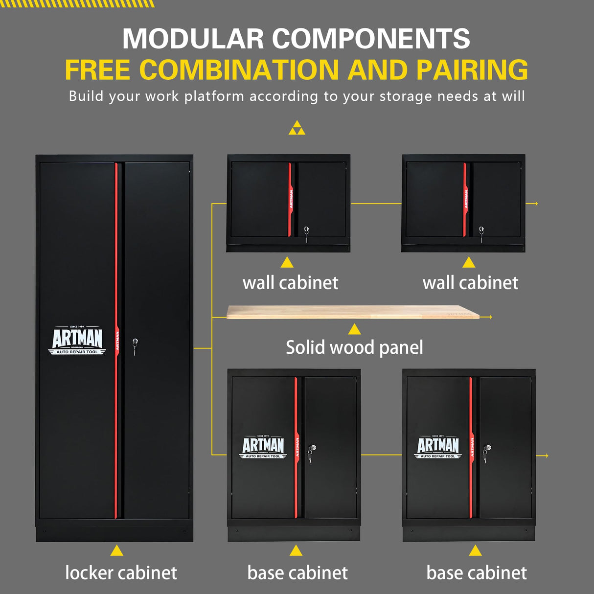 S.Walt Garage Storage Cabinets System, 6-Pcs Workshop Cabinet Set in Black and Red, Included Steel Cabinets, LED Lights, Wood Panel, Key Locking, Adjustable Door Panels and Legs, Black & Red S.Walt