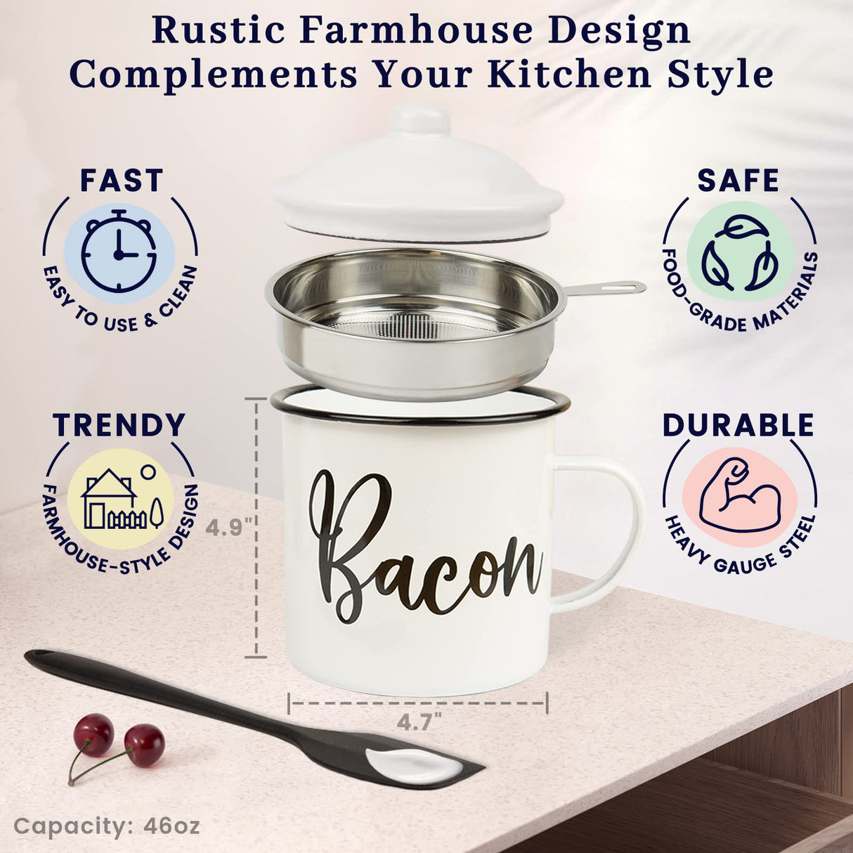 Bacon Grease Container with Strainer - With Food-Grade Silicone Spatula , 46oz Large Enamel Rustic Farmhouse Fat Container , Keeper , Recipes , Dishwasher Safe Ayerphalo