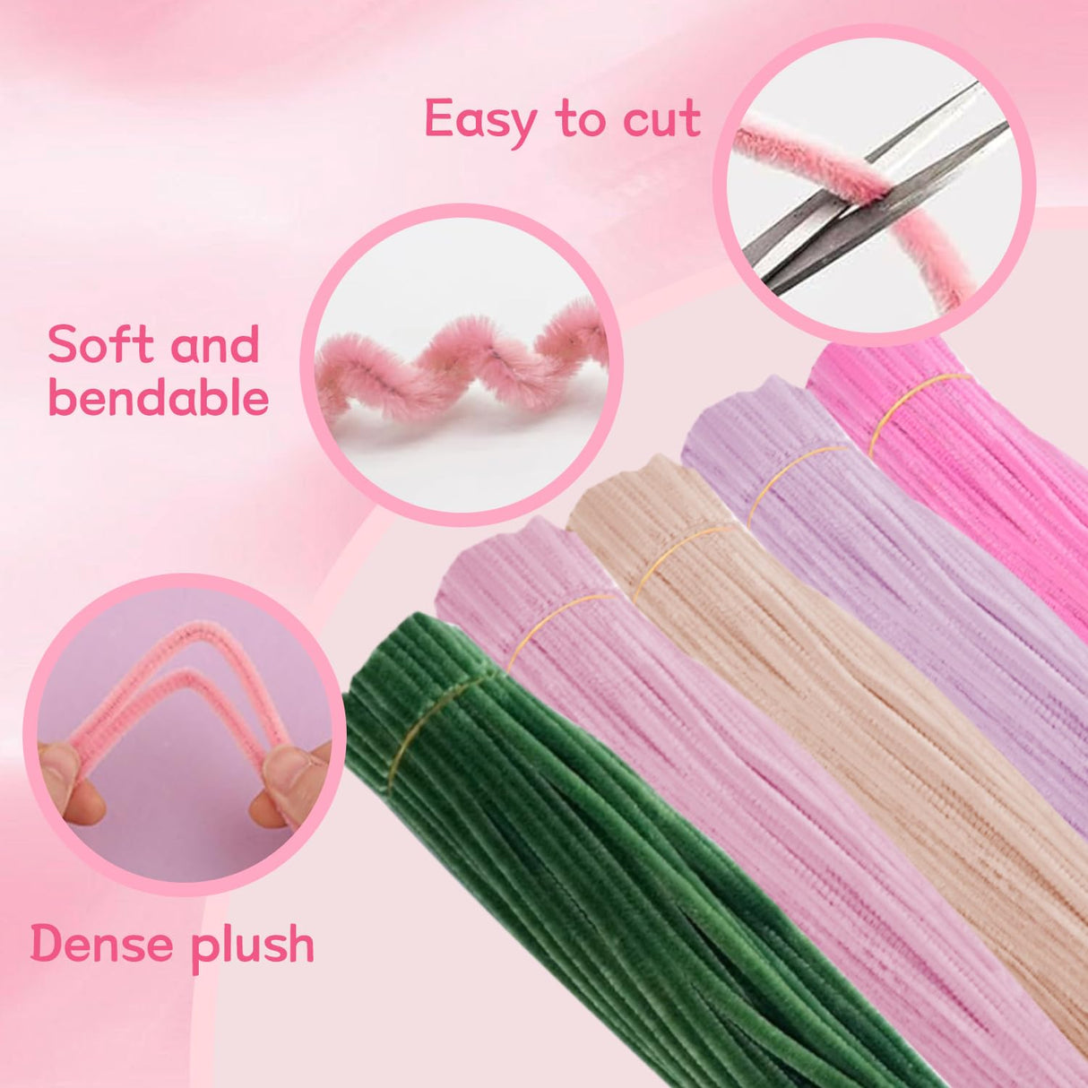 500 Pcs Pipe Cleaners Craft，5 Colors Pipe Cleaners Bulk,Chenille Stems Flowers Craft kit for DIY Handmade Bouquet Wrapping Party Decorations whit Ribbons，Stems,Tape，Stamens, Glue Sticks (Pink) Anyangjia