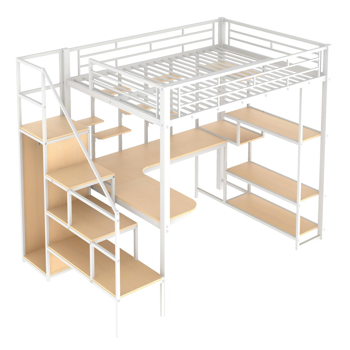 RuiSiSi Multifunctional Full Metal Loft Bed with Integrated Desk, Wardrobe, and Shelves in White RuiSiSi