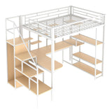 RuiSiSi Multifunctional Full Metal Loft Bed with Integrated Desk, Wardrobe, and Shelves in White RuiSiSi