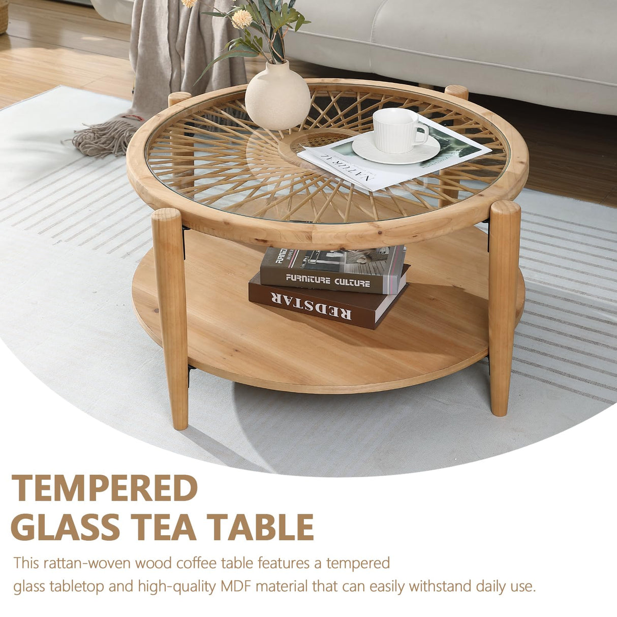 RUSTOWN Rattan Round Coffee Tables, 2-Tier Sofa Table with Rattan & Tempered Glass Top and Wood Legs, Accent Side Coffee Table for Living Room(Natural) RUSTOWN