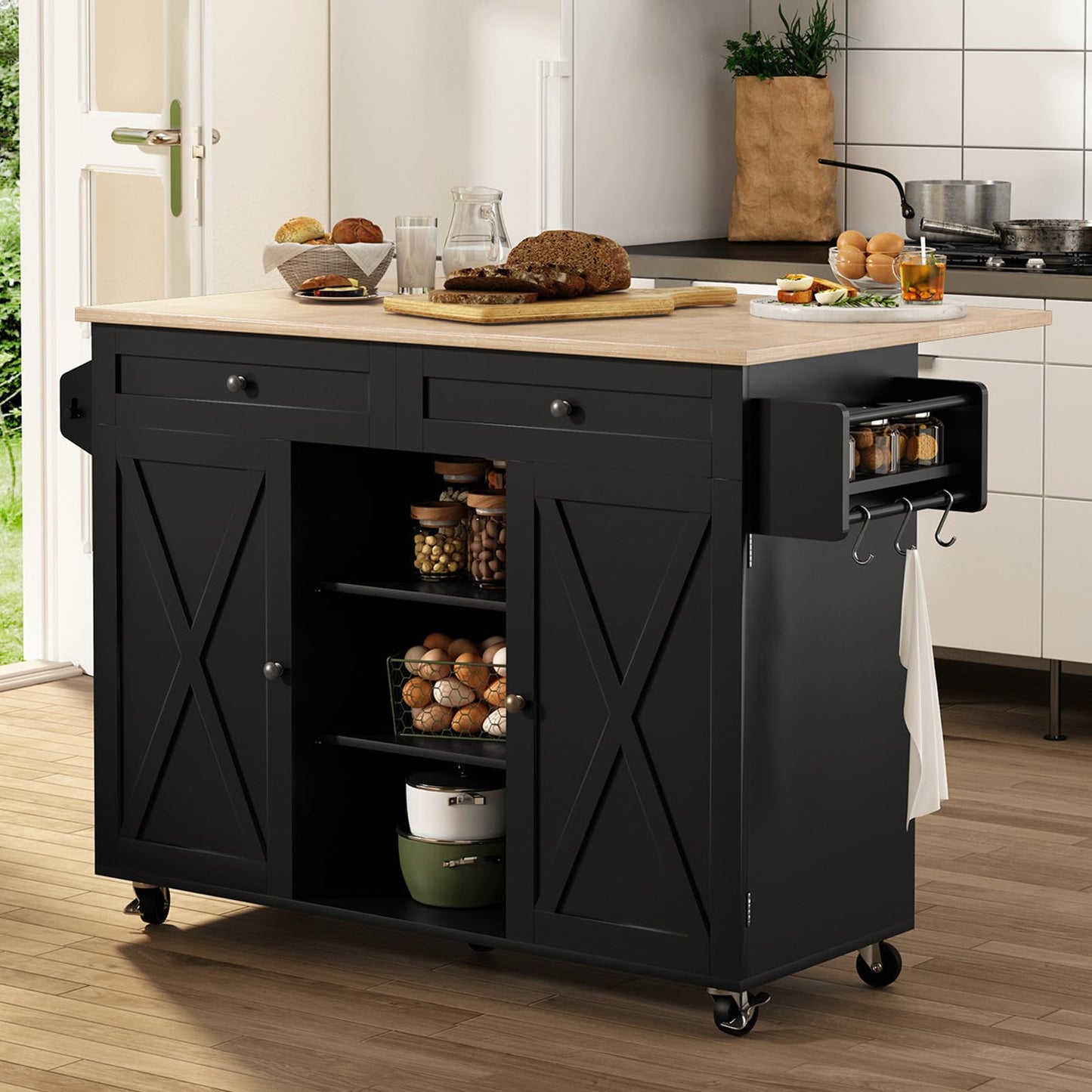 HLR Kitchen Island On Wheels, Rolling Kitchen Island Cart with Drop Leaf Countertop, Barn Door Kitchen Island Table with Storage Cabinet and Tower Rack, Island Table for Kitchen