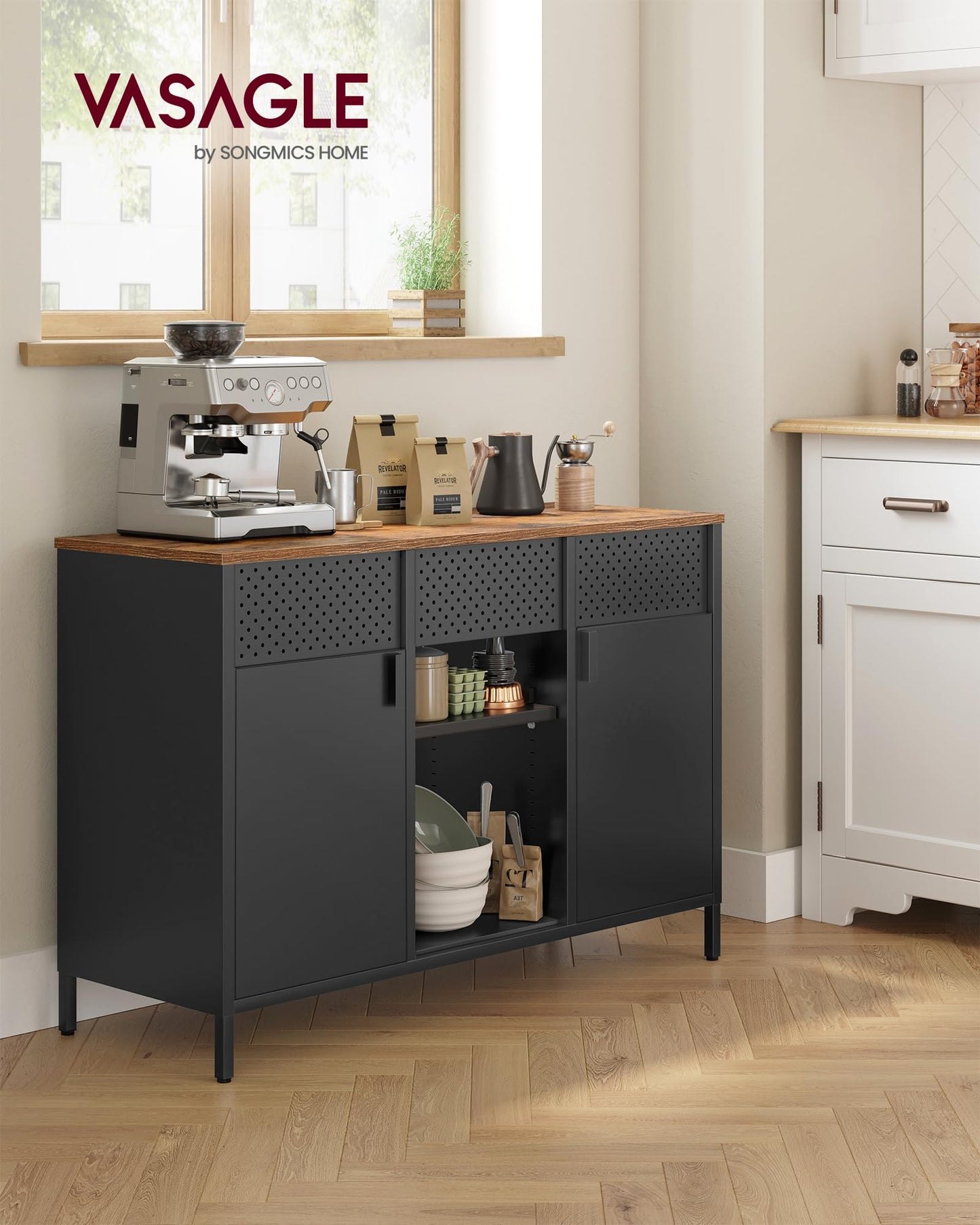 SONGMICS Storage Cabinet, Metal Cabinet, Sideboard with 2 Doors, Magnetic Closure, Adjustable Shelves, Steel Frame, Rustic Brown and Matte Black ULSC204B01 - WoodArtSupply